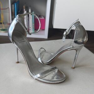 Stuart Weitzman Metallic Silver Ankle-Strap Stiletto Sandals